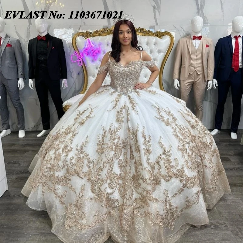 EVLAST Shiny White Quinceanera Dress Ball Gown Golden Lace Applique Beading Mexican Corset Sweet 16 Vestidos De XV 15 Anos SQ128