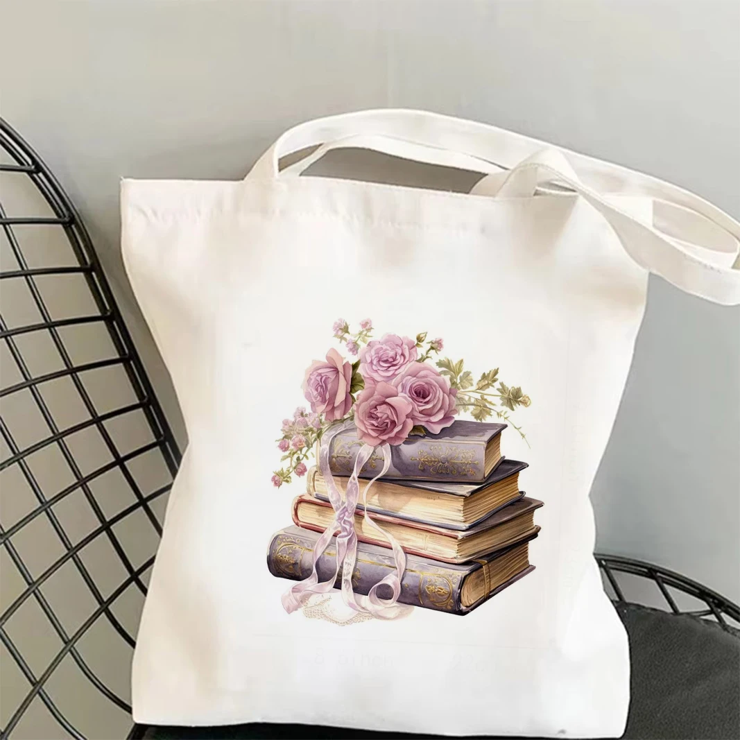 Retro Floral Watercolor Book Design Canvas Tote Bag Elegant and Artistic Handbag for Daily Commute Study and Casual Use Gift
