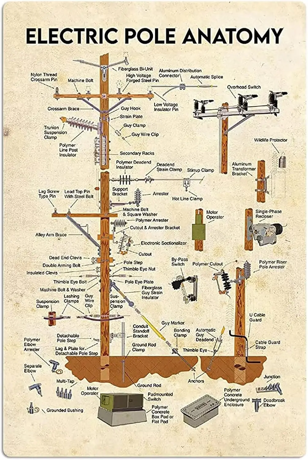 Panneaux Métalliques 8x12 pouces sur le thème de l'Anatomie des Poteaux Électriques, Affiches Rétro sur la Connaissance des Linéistes, Guide d'Étude pour Linéistes, Plaques Décoratives pour Bureau, Maison et Chambre