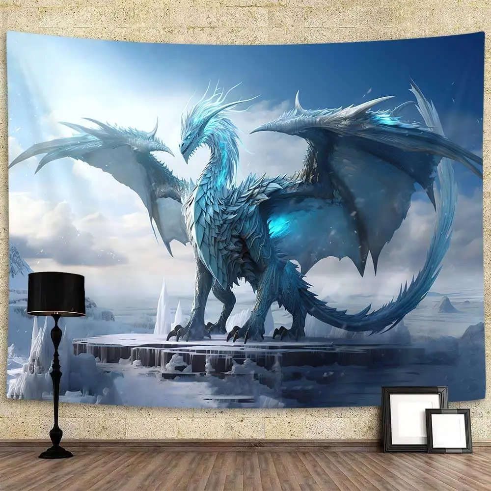 Massive Blue Dragon Fantasy Tapestry Wall Hanging Art Print Canvas Decor Gaming Mythological Sci Fi Anime Room Decoration