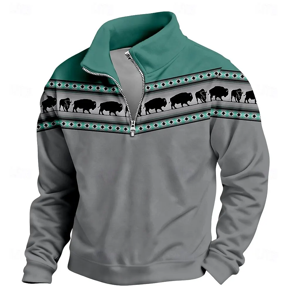 

3D Print Classic Vintage Zipper Sweatshirt For Men Simple Ethnic Style Long Sleeve Half Zip Pullover Fashion Cool Casual Clothes
