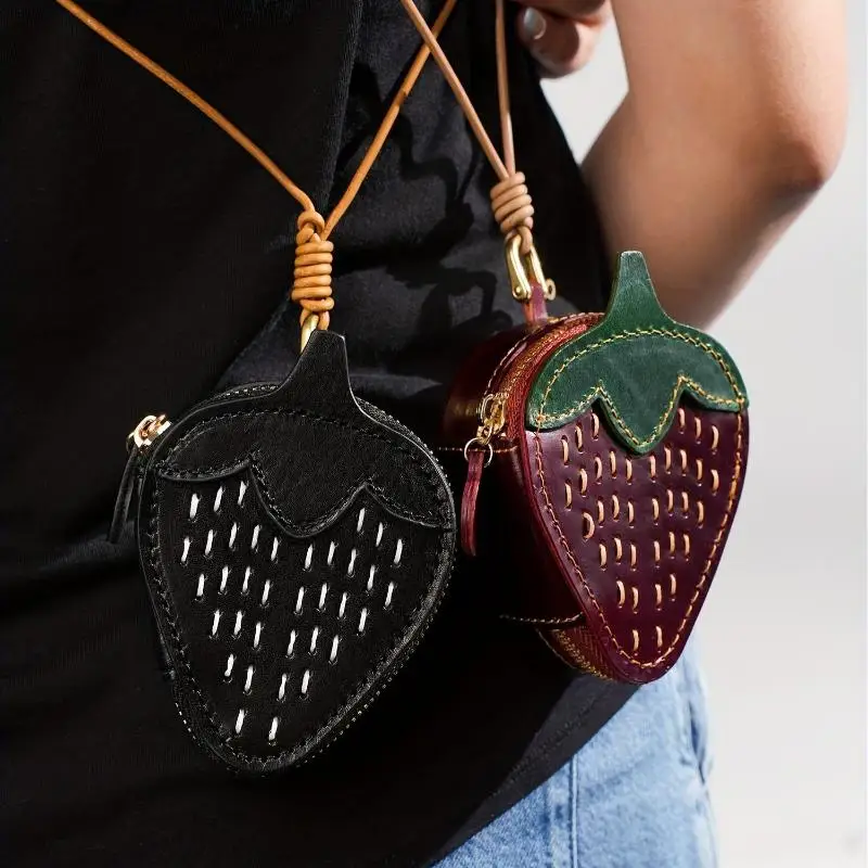 

1pc Mini Pouch Wallet Gift For Girl Women Bag Accessories Cowhide Strawberry Fruit Charm Pendant Coin Purse Cute Key Chain