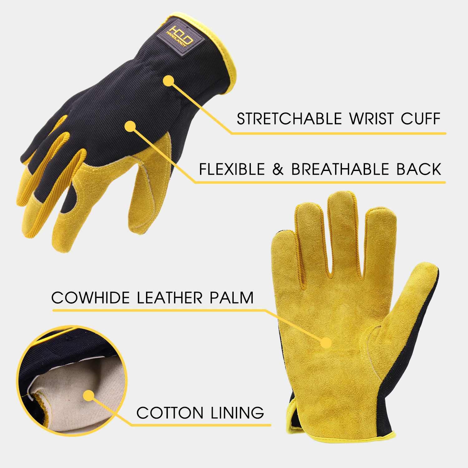 HANDLANDY Men Leather Gardening Gloves, Utility Work Gloves for Mechanics, Construction, Driver, Dexterity Breathable Design