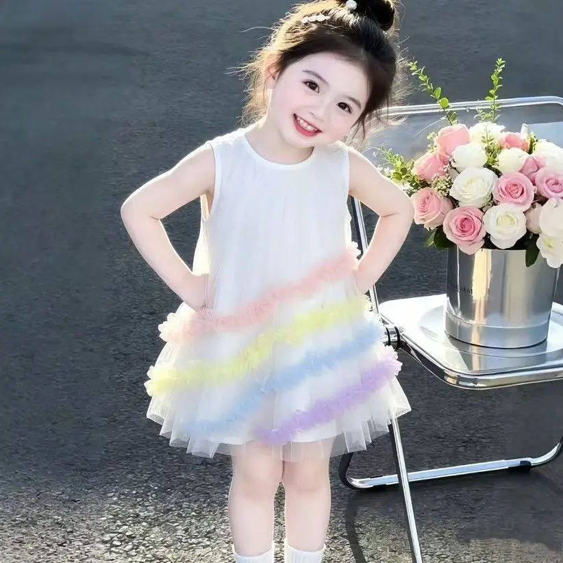 Sweet Girls Rainbow Mesh Tutu Dress Fresh Cute A-Line Flowy Dress 2026 Summer New Fashion School Daily Party Princess Outfit