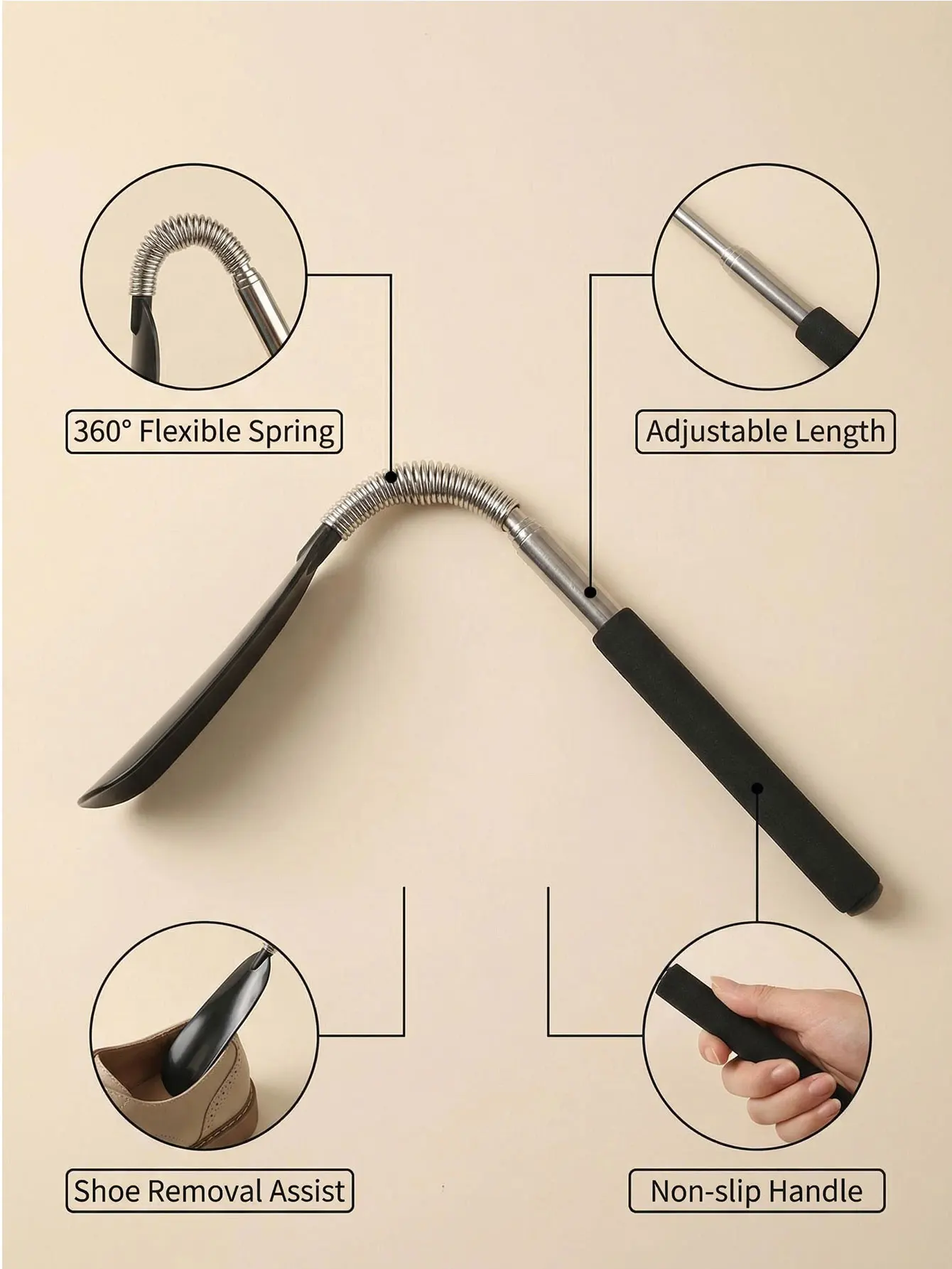 Extra Long Handled Shoe Horn (Adjustable 10-24.8 Inches) - Metal Shoehorn for Men and Women - Large Standing Reach Assist for Seniors