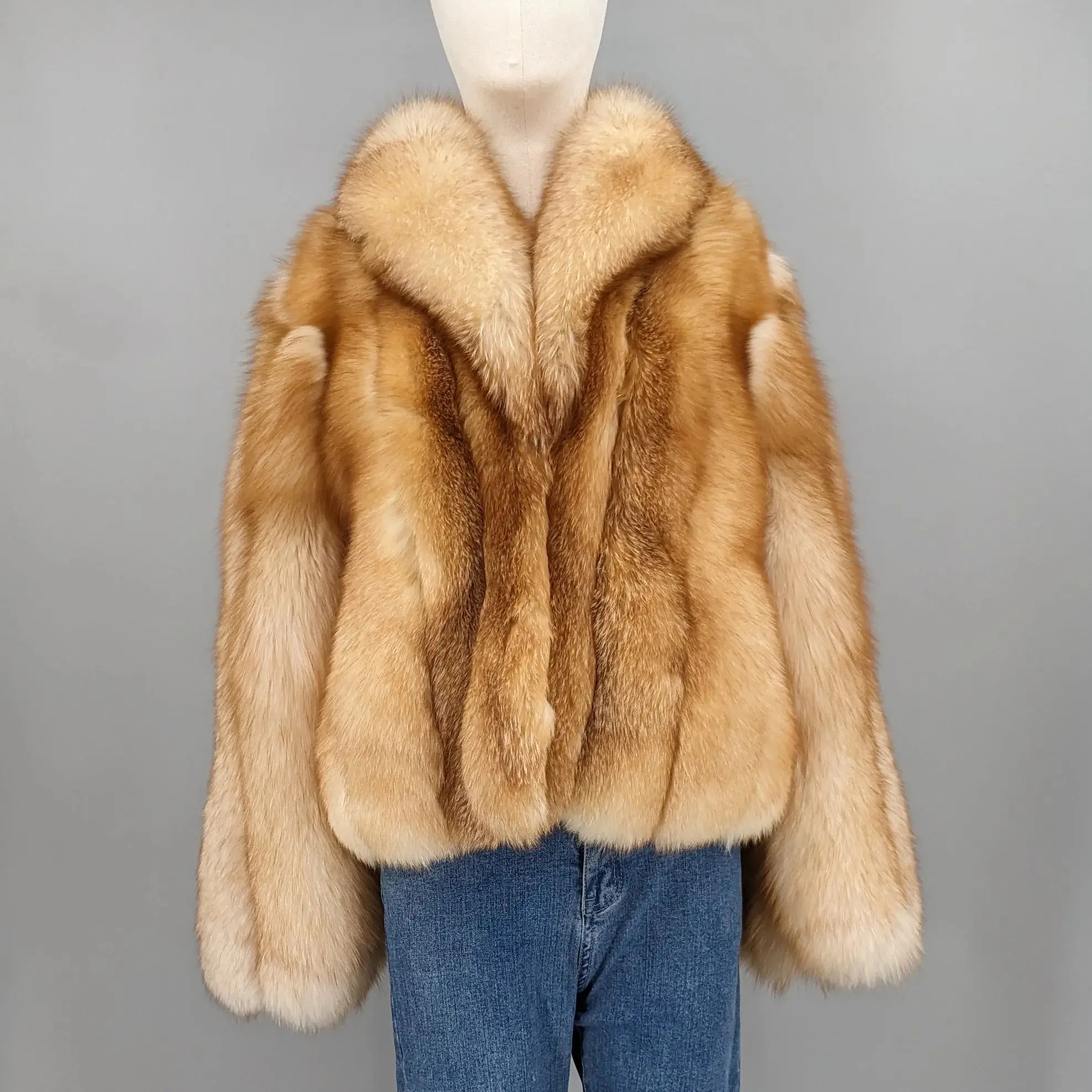 Oferta Especial |   Abrigo de Mujer de Piel de Zorro Rojo Natural Genuino de Estilo Clásico - Chaqueta Corta de Lujo Gruesa y Cálida para Invierno |   Solo en stock 250452