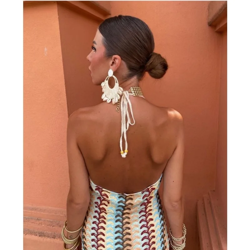 Sexy Backless Contrasting Stripe Long Dress For Women Fashion Halter Sleeveless Bodycon Robes 2024 New Lady Party Beach Dresses