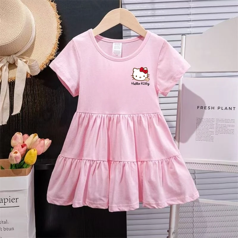 Sanrio Summer Baby Girls Solid Cotton Dress Kid Children Hello Kitty Printed Short Sleeve Clothes Cartoon Cute Princess Dresses