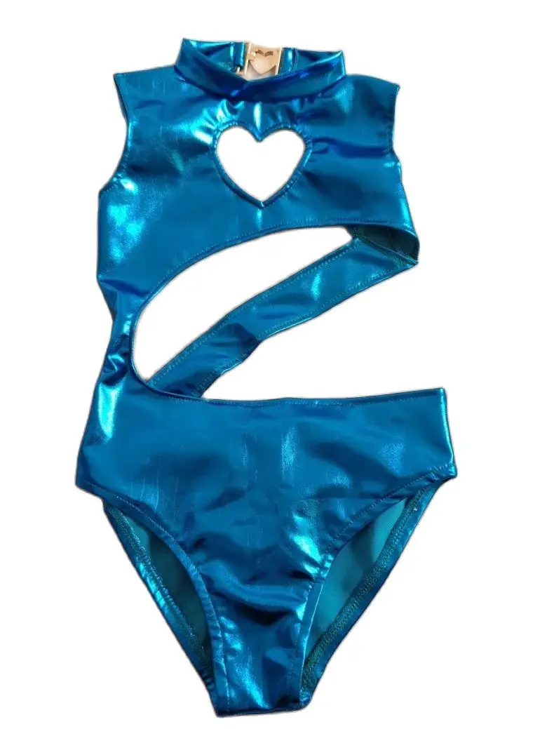 Meerblauwe Glanzende Metallic Borst Uitgehold Catsuit Damesdanskleding Feestkleding Paaldanskostuum