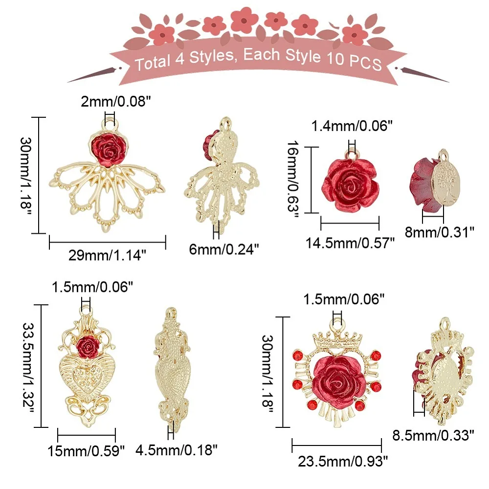 

40Pcs 4 Style Heart Leaf Alloy Pendant with Siam Rhinestone and Plastic Light Gold 16~33.5x14.5~29x4.5~8.5mm