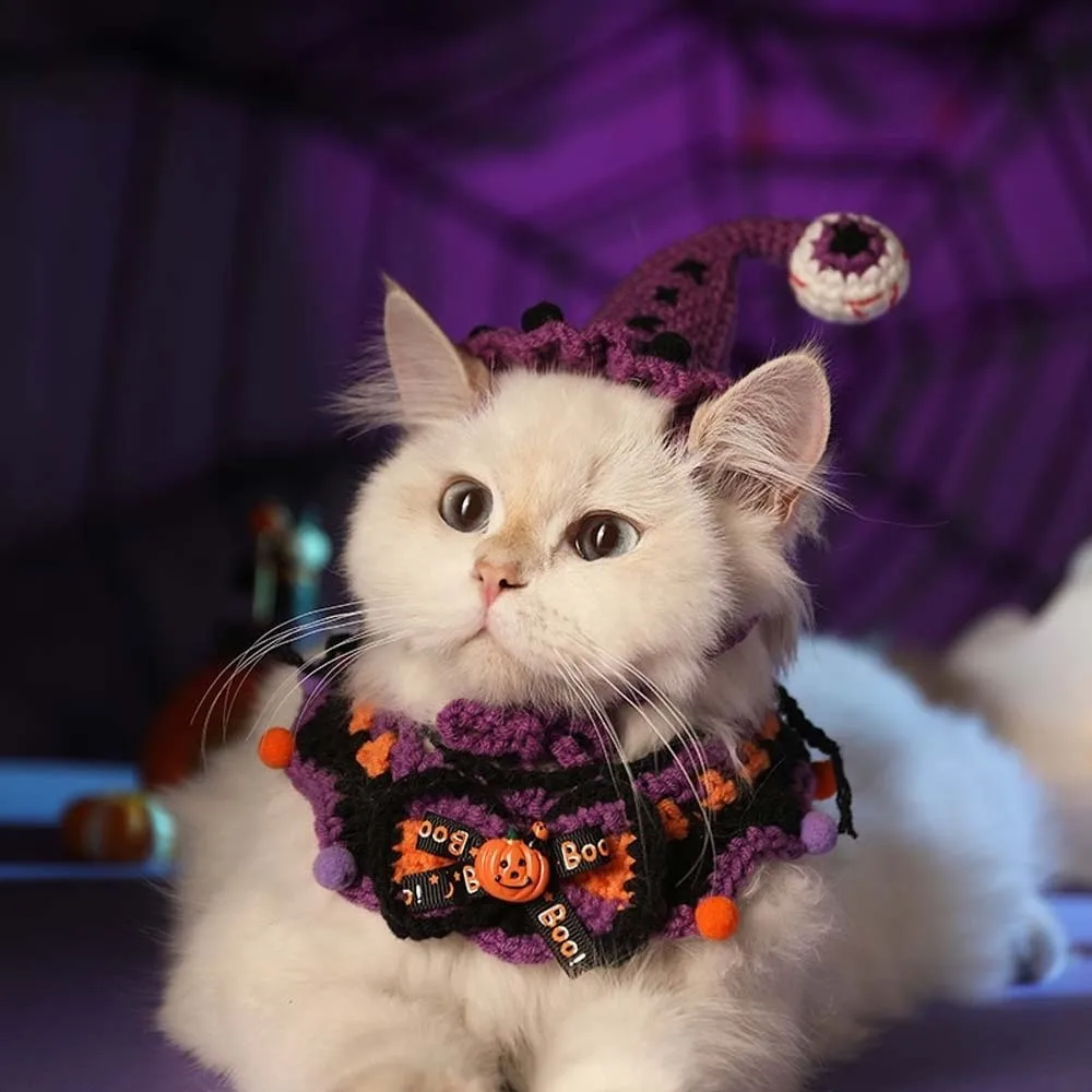 

Breathable Halloween Pets Costumes Clothes Pumpkin Halloween Cat Headgear Ghost Fashionable Cat Woven Hat Bib Face Decoration