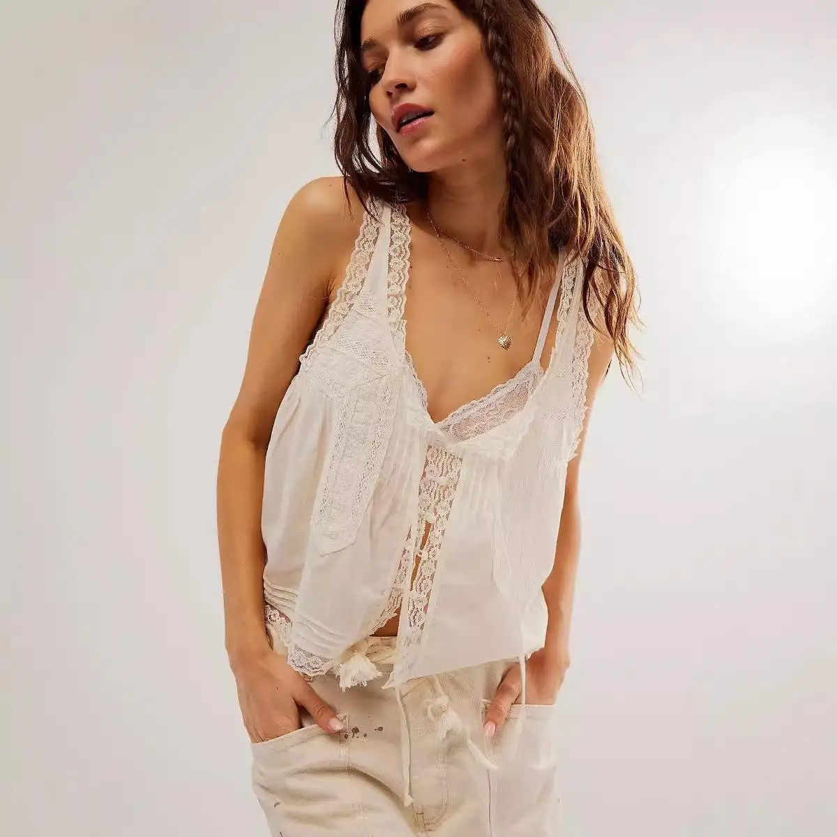 

Lace Patchwork Small Csole Vest Sle Women's Cotton ort Sve Top with Chest Pad Inner Wear Spring 2024 Faion Lolita