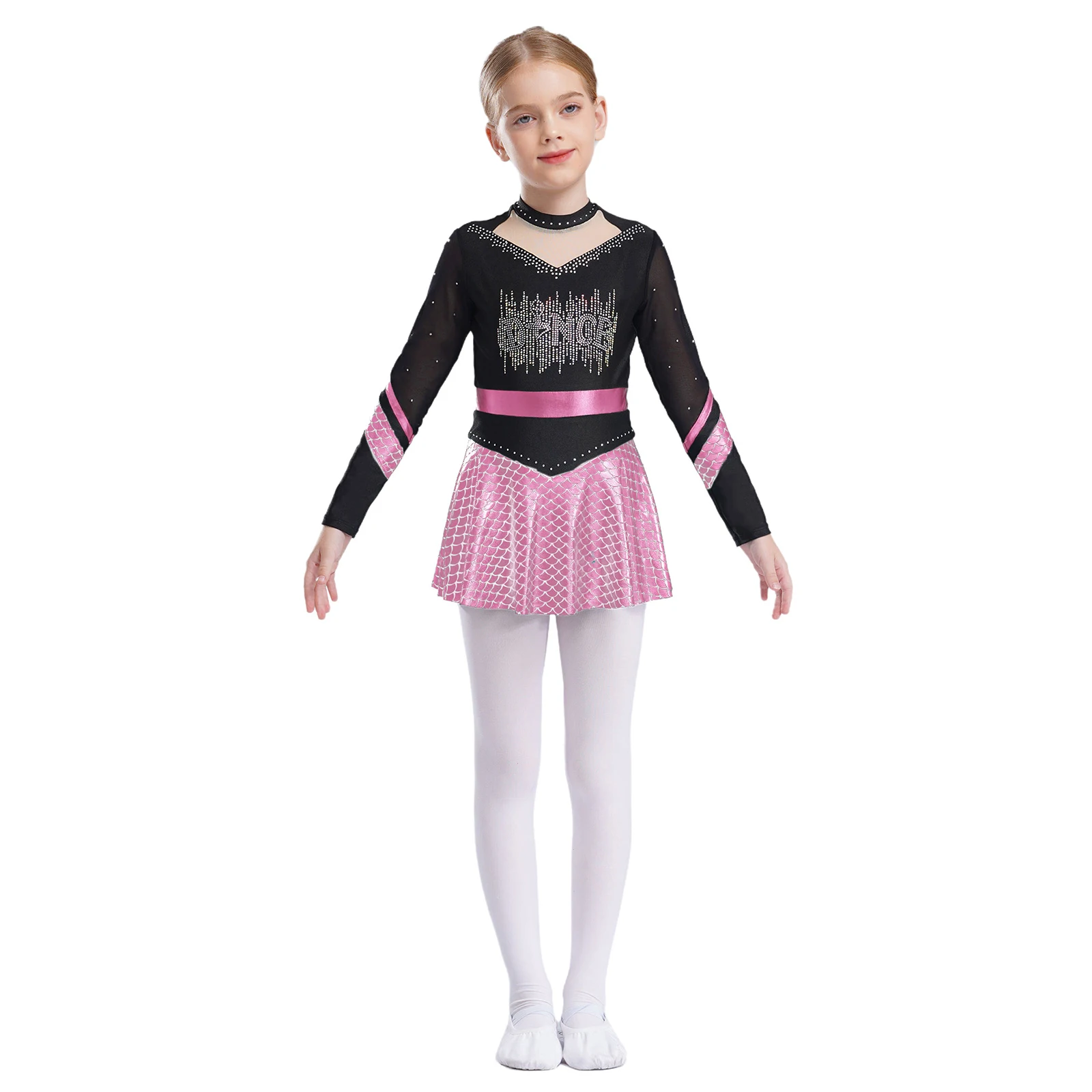 Girls Mermaid Cosplay Costumes Shiny Rhinestones Ballet Dress Metallic Fish Scales Built-in Shorts School Show Stage Dancewear