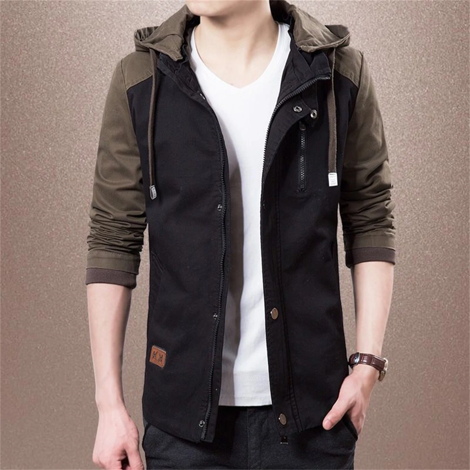 

Men's Vintage Color Block Hooded Jacket Casual Outdoor Windbreaker with Detachable Hood Streetwear Fashion Long Sleeve Coat ﻿