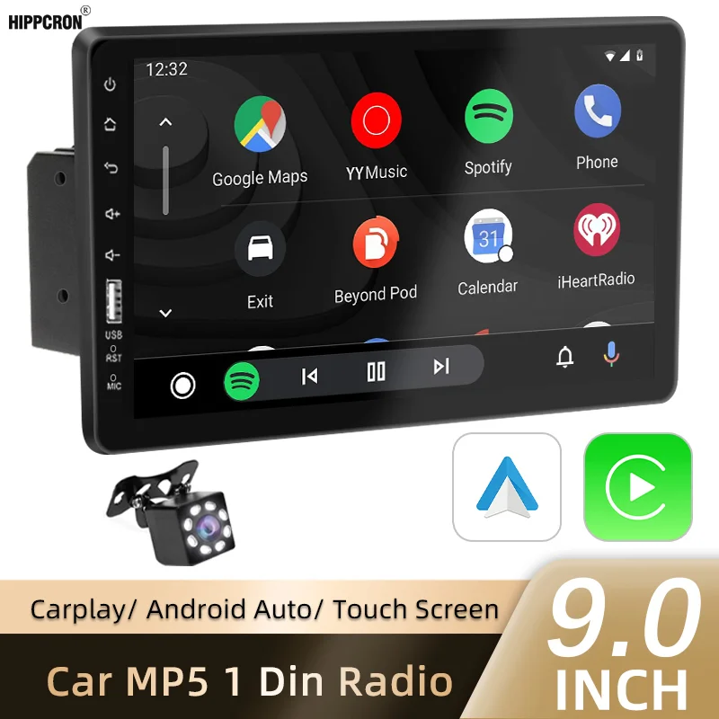 Hippcron 9 ''راديو السيارة 1 Din Carplay Android Auto مشغل وسائط متعددة HD شاشة تعمل باللمس FM بلوتوث MirrorLink Universal Autoradio #1