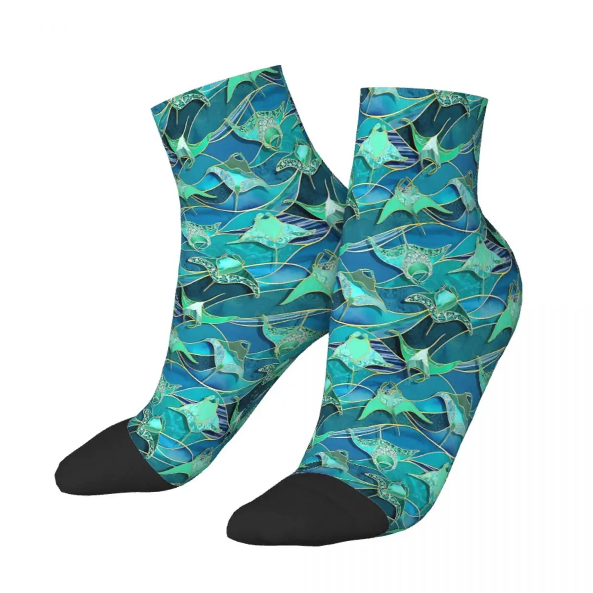 Patchwork Manta Rays In Teal Blue And Jade Green Ankle Socks Male Mens Women Summer Stockings Polyester