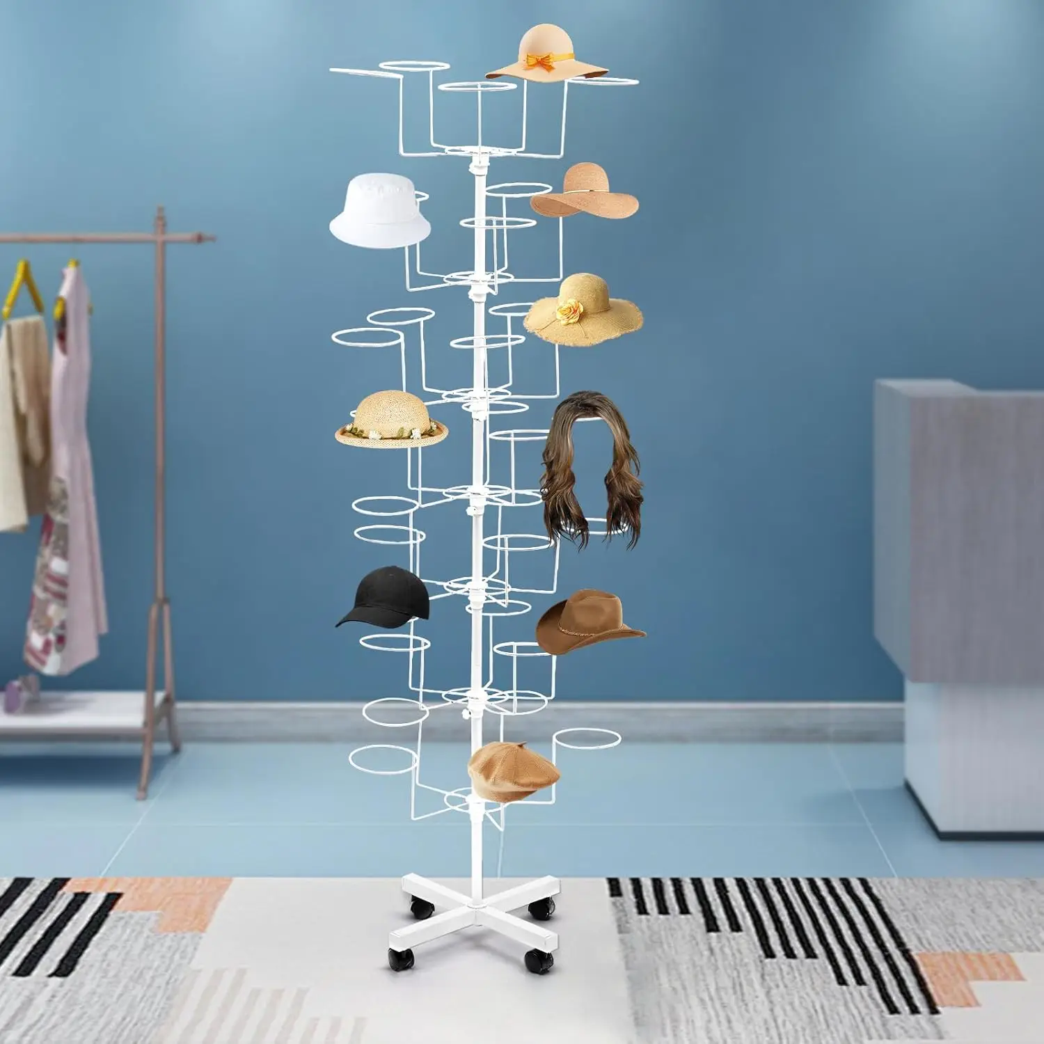 

7-Tier Rotating Hat Display Rack Stand Metal Freestanding Hat Storage Rack with 35 Hooks Hat,Cowboy Baseball Hat Organizer Rack