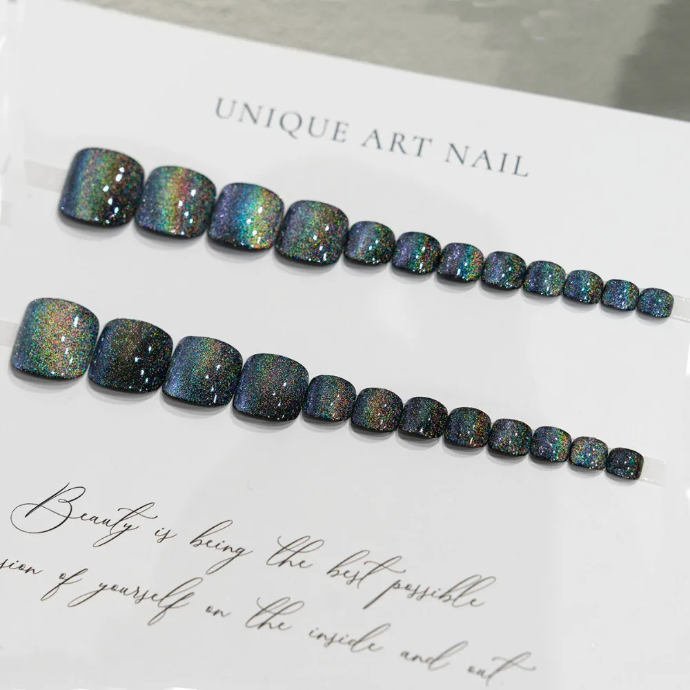 ファッションキャッツアイフェイクネイルショート丈スクエアヘッド付け爪ウェアラブルマニキュアフルカバーフットネイルチップガール