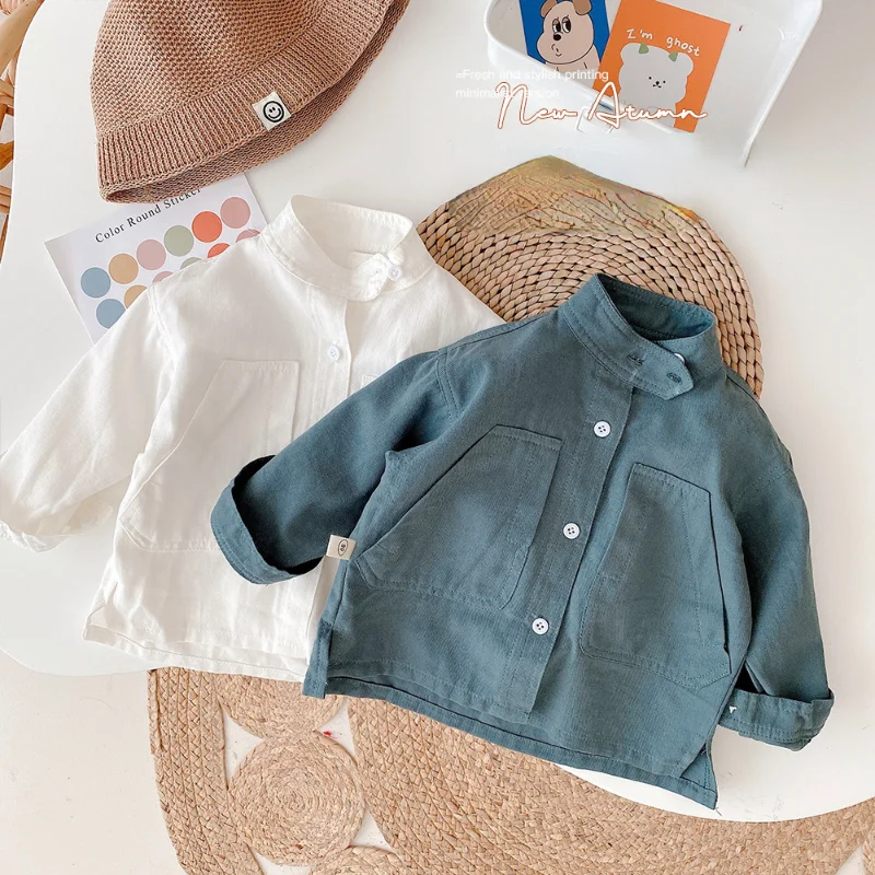 2023 Autumn Baby Boys Shirts Long Sleeve Stand Collar Shirt for Kids Spring Kids Cotton Clothes Girls Casual Cotton Shirts Tops