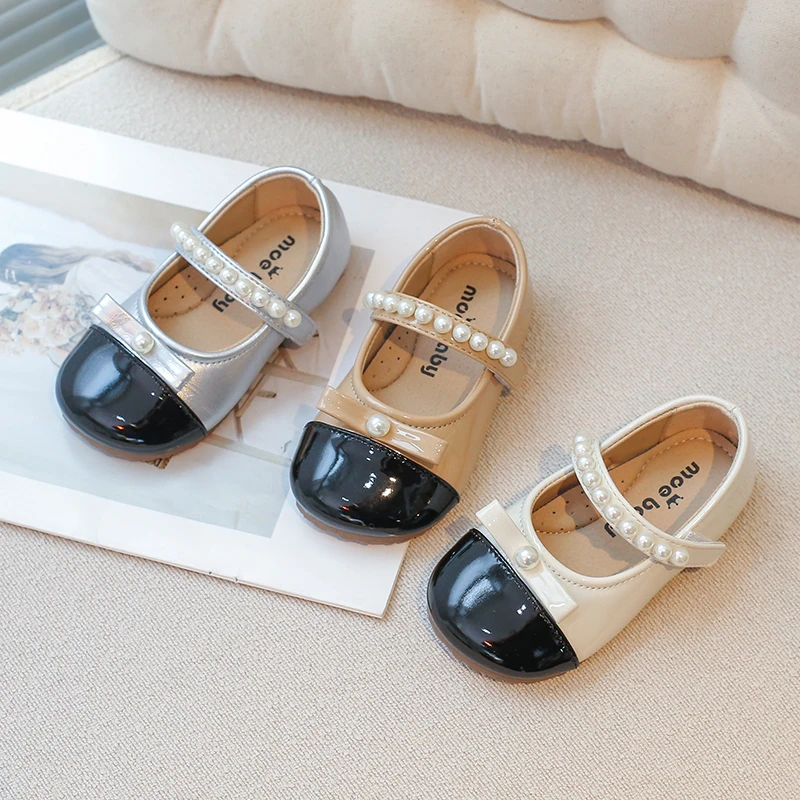 

Новые весенние кожаные туфли для девочек, детская модная обувь принцессы с милым бантом и жемчугом, лоскутная детская нескользящая обувь на плоской подошве, обувь Мэри Джейн