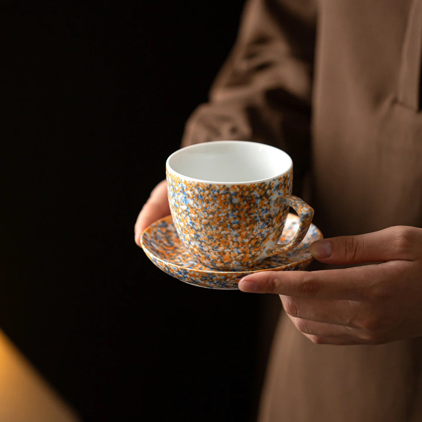 Ceramic Coffee Cups and Saucers Set High-value Retro Mug Splash-ink Coarse Pottery Kiln Hotel Flower Cups Home Decoration