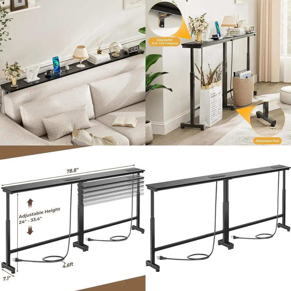

Adjustable Height Narrow Sofa Table with 2 Power Outlets, 79L x 7W x 33H, Ideal for Behind Couch or Entryway, Black