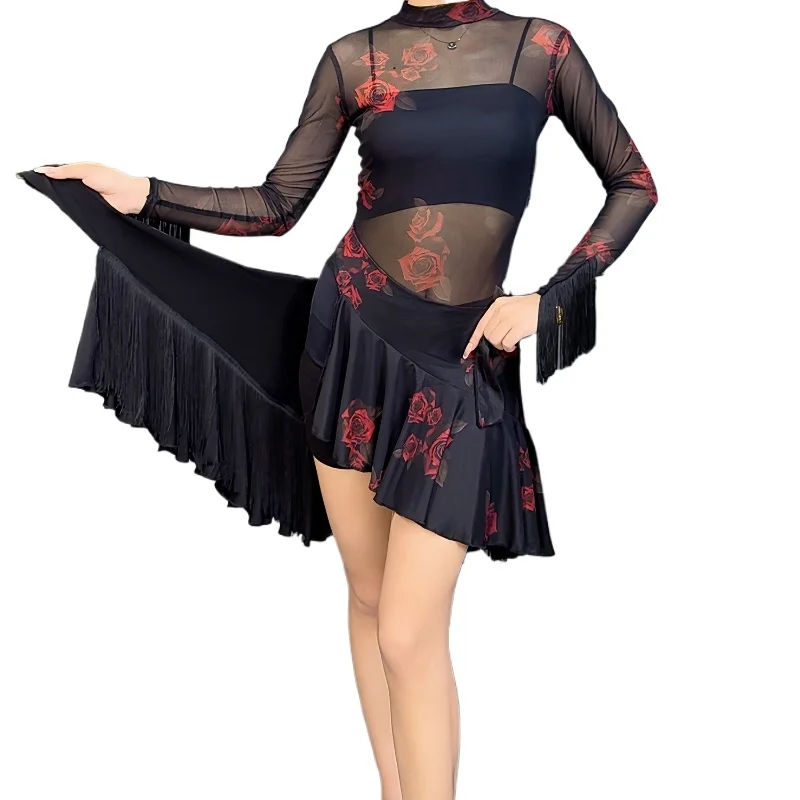 여성용 새로운 슬림핏 라틴 & 볼룸 댄스 의상 - 프린지가 있는 성인 연습용 하프 스커트 - 국제 표준 스커트