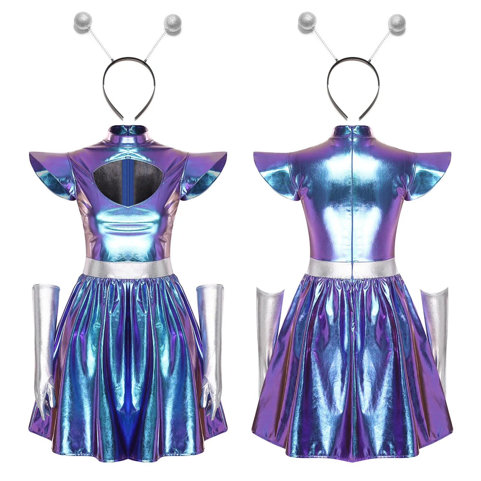 Volwassen Vrouwen Alien Outerspace Halloween Cosplay Kostuum Danskleding Mouwloze Space Cadet Maillots Jurk voor Future World Party