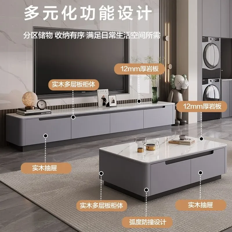 Solid Wood and Rock Slab Coffee Table with TV Cabinet Combo Modern Living Room Storage Floor Cabinet for Small Apartments