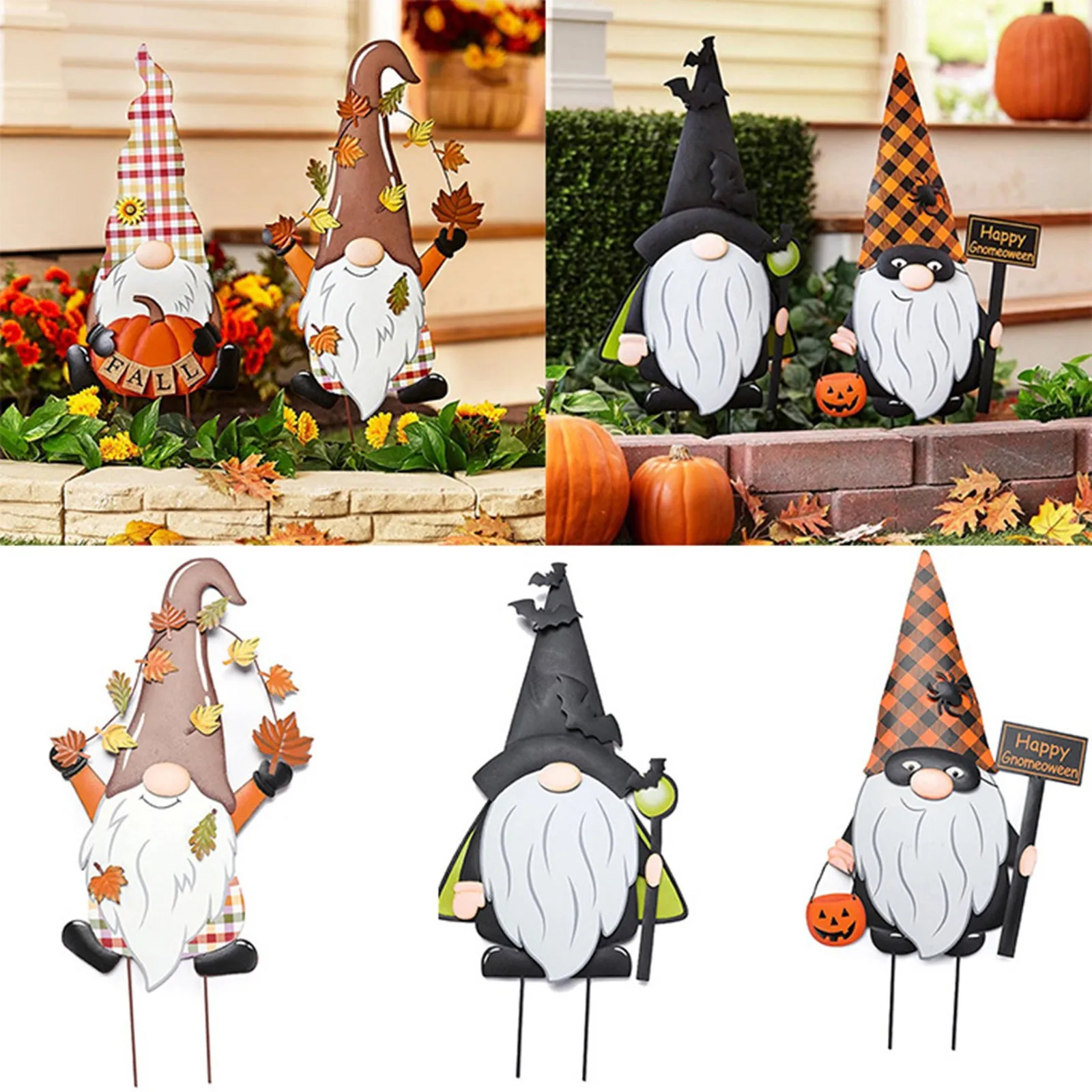 Halloween Autumn Metal Gnome Garden Stake Decorative Garden Patio Backyard Ornaments Home Decorations Outdoor Festival Party