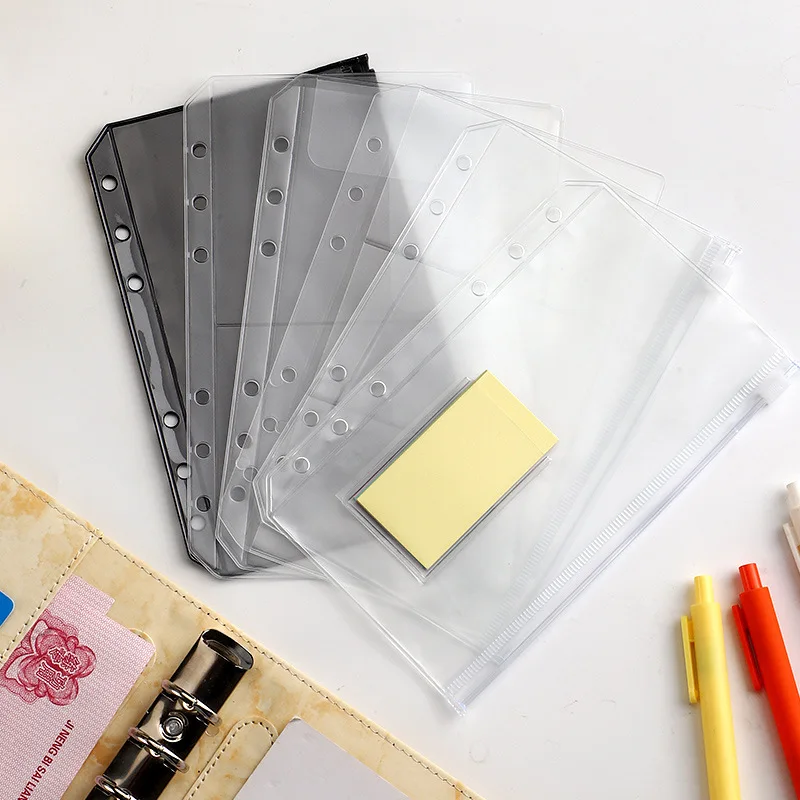 10Pcs A6 Transparent Zipper Bag with Remark Label Loose Leaf 6 Hole Binder Pocket Cash Envelope Pouch Storage Postcard Organizer