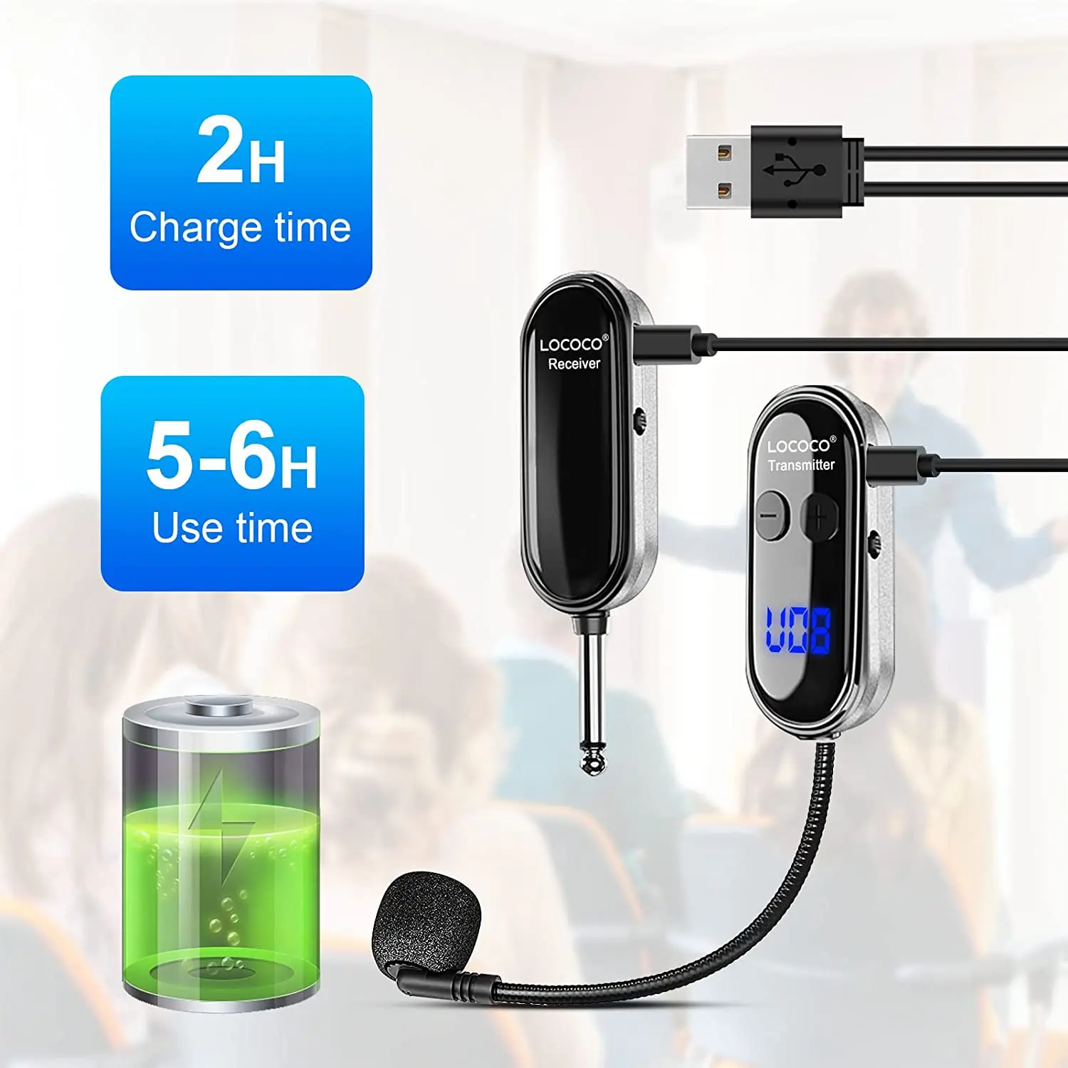 XIAOKOA Kabelloses Mikrofon-Headset, kabelloses UHF-Headset und tragbares 2-in-1-Mikrofon mit LED-Digitalanzeige, 165 Fuß Reichweite – Detail 7
