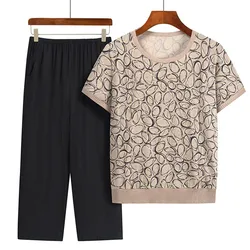 Casual Summer Grandma Two-Piece Suit Middle-Aged Mother Round Neck Short Sleeve Top Pant Set Outfits For Women Clothing 4XL