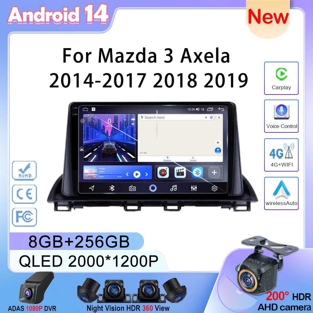 Samochodowy multimedialny Android dla Mazda 3 Axela 2014-2017 2018 2019 Radioodtwarzacz Nawigacja GPS Atuo Carplay WIFI 5G Bez 2din DVD BT