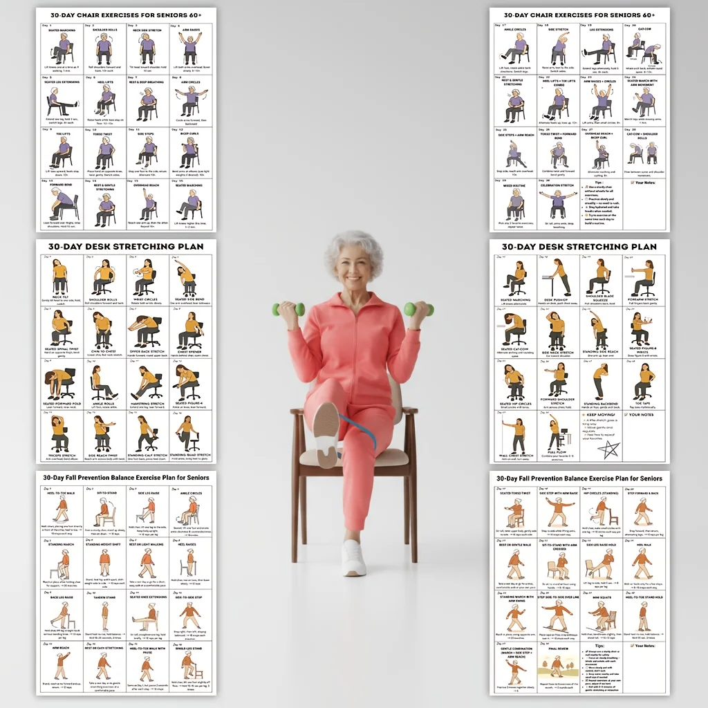 6pcs Senior Chair Exercises Workout Sheets 30-Day Exercise Plan Balance Training Desk Stretching Guide Fitness Guide