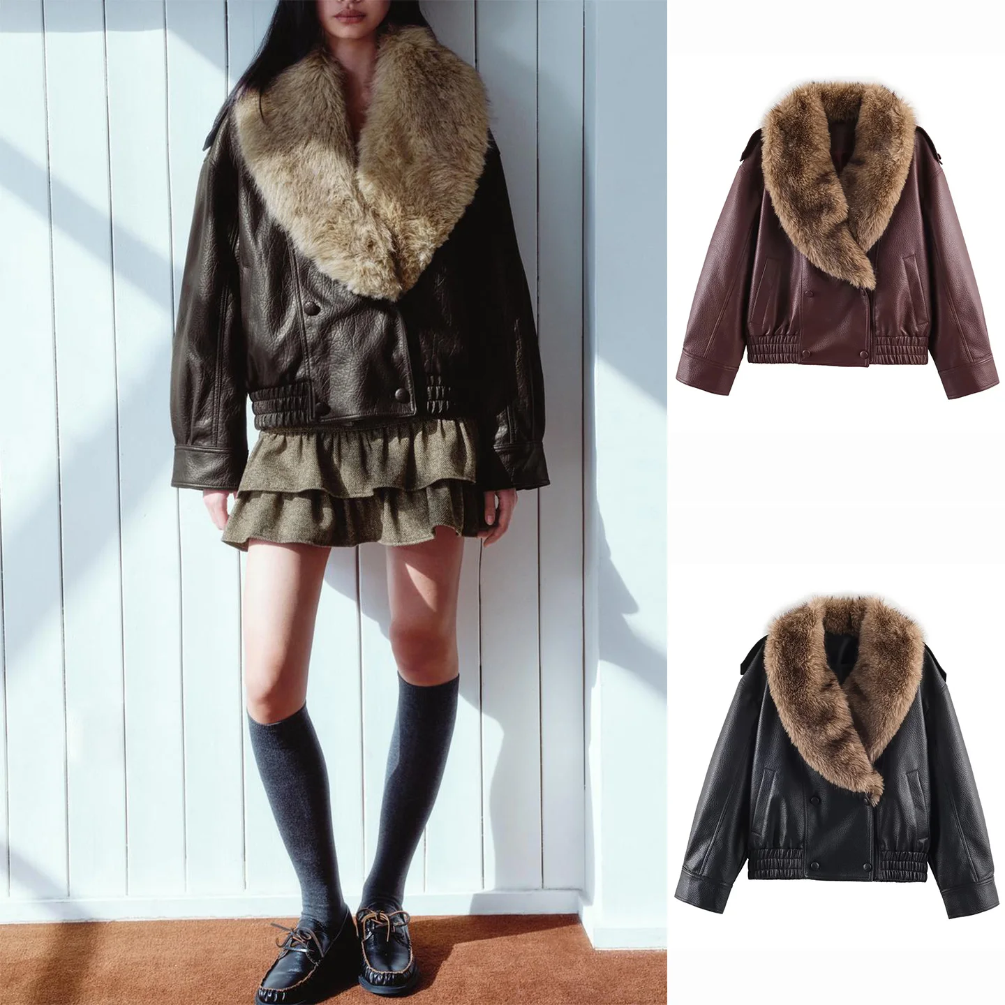 Jaet Long Sve de cuero PU para mujer, abrigo con cuello desmontable, superficie brillante, ropa de abrigo holgada para mujer, novedad de invierno