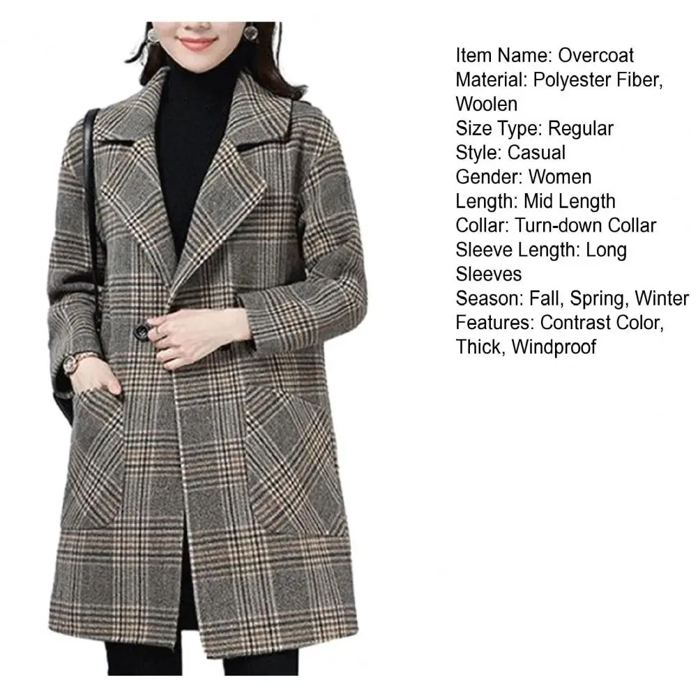 Lapel Collar Jacket Plaid Print Windproof Overcoat Stylish Mid Length Jacket for Women in Ol Commute Style Women Plaid Coat