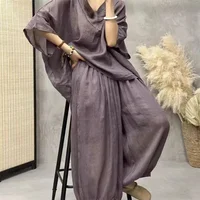 Conjunto de ramio suelto para mujer, camiseta de lino de algodón con cuello en V, pantalones de linterna informales, conjunto de dos piezas, manga de murciélago, talla grande, Verano