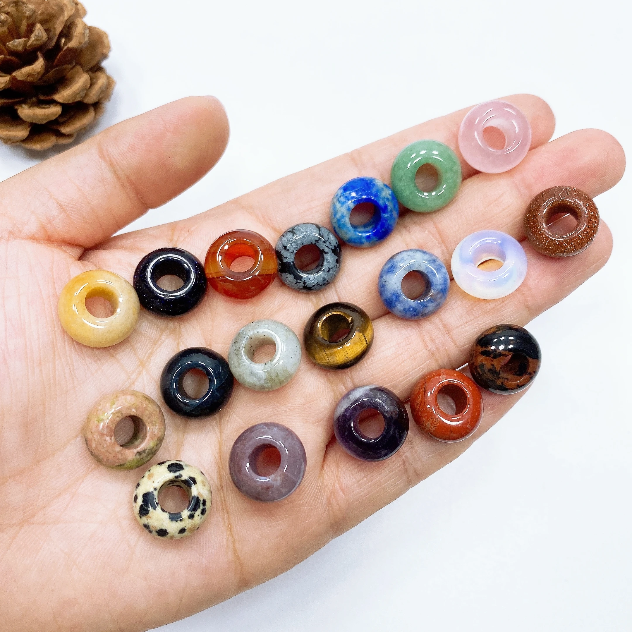 14MM 2pcs Natural Stone Big Hole Bead Round Donut Shape Crystal Rose Quartz Amethyst DIY Jewelry Necklace Earrings Bracelet