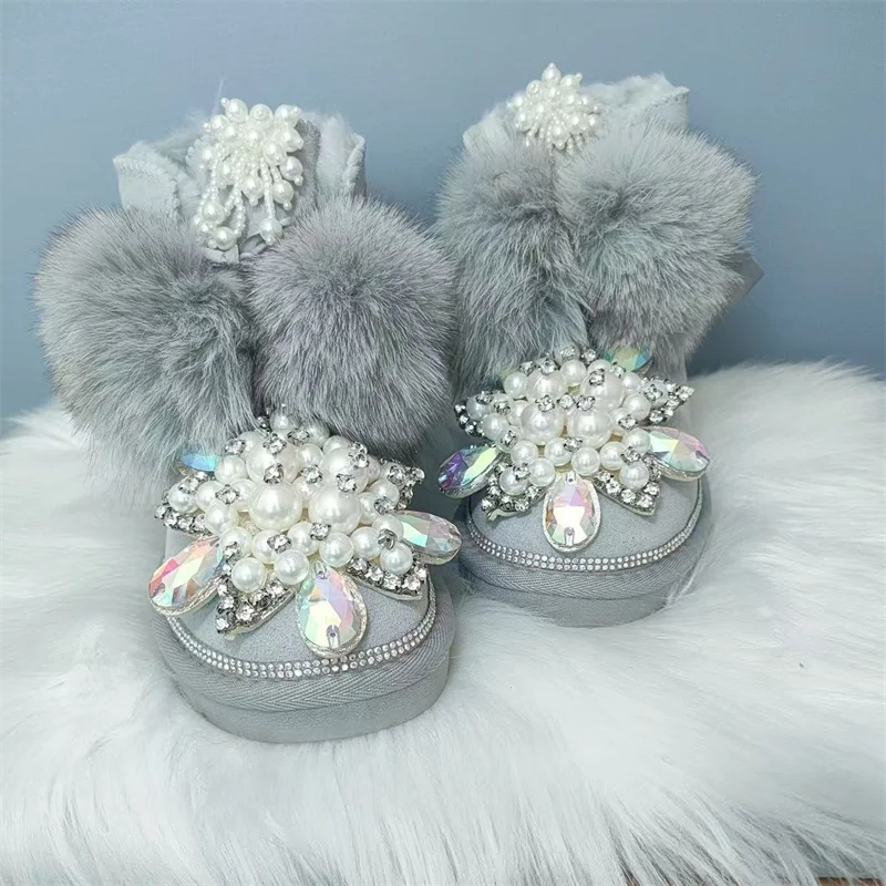 Oversized Fox Hairball Pearl Jewel beaded accessories Fur One Snow boots Handmade custom lace-up women's cotton shoes 35-40