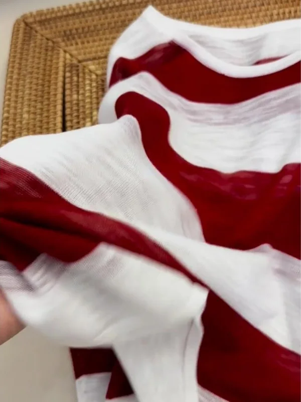 White And Red Stripes Color Block Thin Long Sleeve T Shirt Women's Summer UV Protection Air Conditioning Cover up Top view 2