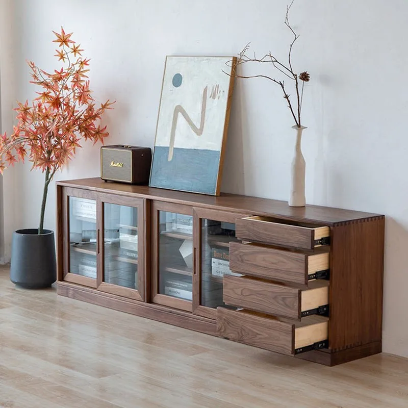 

Nordic black walnut solid wood bookcase, living room combination dust-proof glass floor-to-ceiling storage cabinet, Japanese-