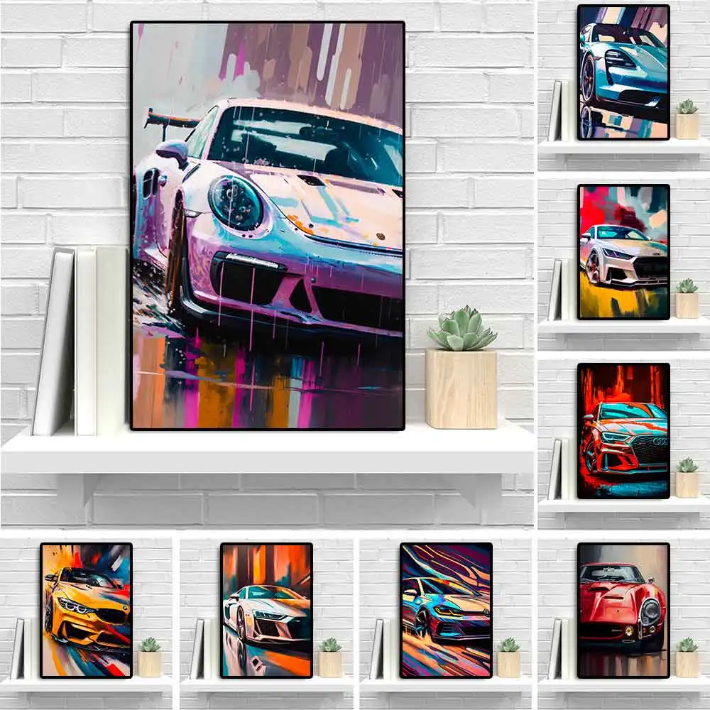 

Abstract Luxury Racing Mustang GT500 Poster Print Modern Sports Car Golf Watercolor Canvas Painting Supercar Wall Art Room Decor