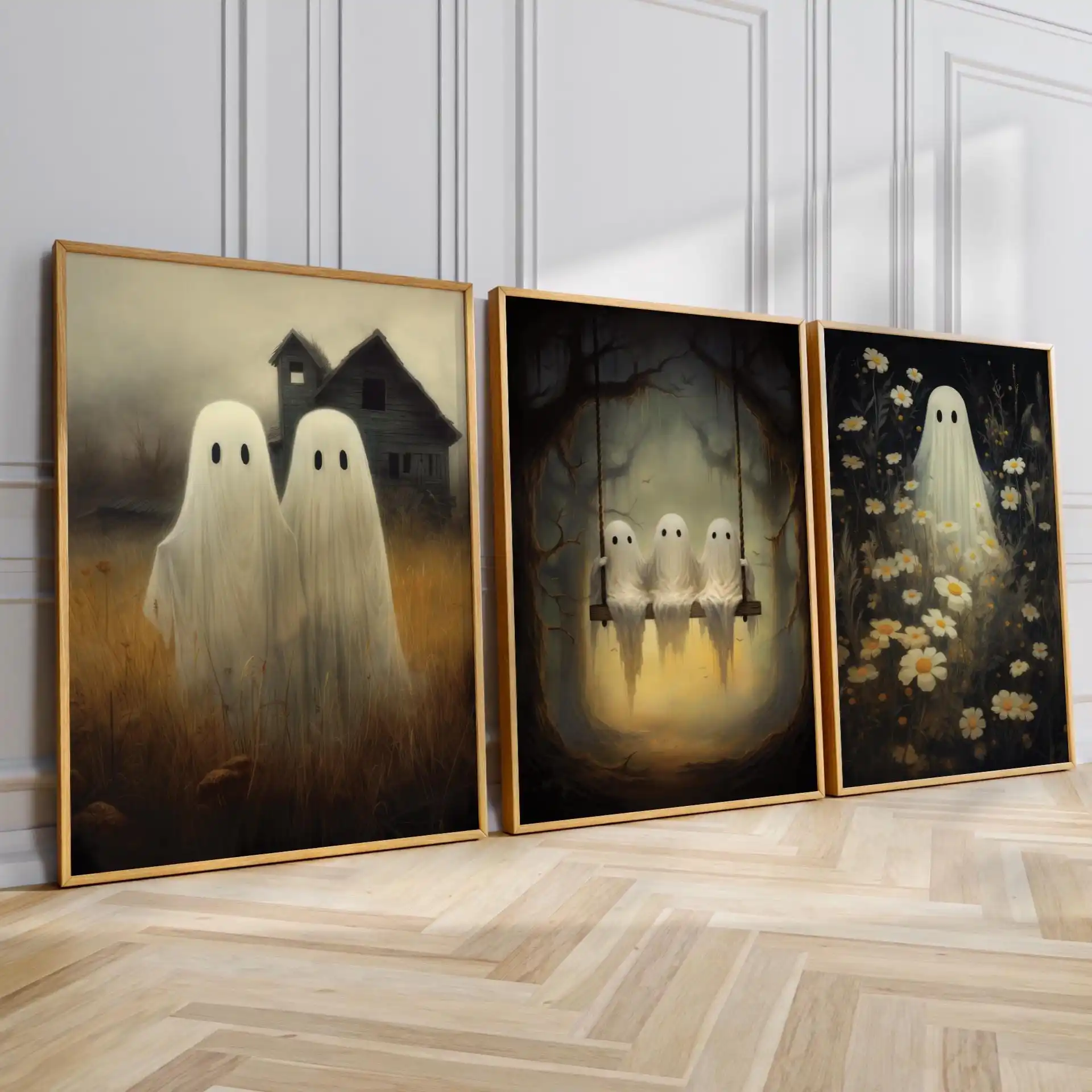 3PCS Frameless,(3PCS Unframe)3Pcs Cute Spooky Halloween Floral Ghost Canvas Prints, Minimalist Pastel Wall Arts, Neutral Kids Ro