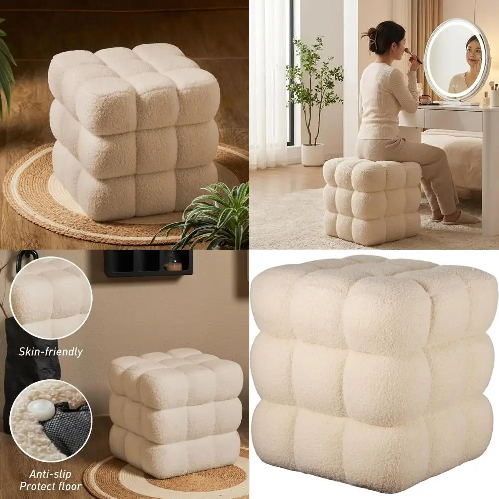 

17 Square Ottoman with Wooden Frame, 330 lbs Capacity, Modern Fuzzy Sherpa Footstool, Cube Boucle, Vanity Stool for Living Room