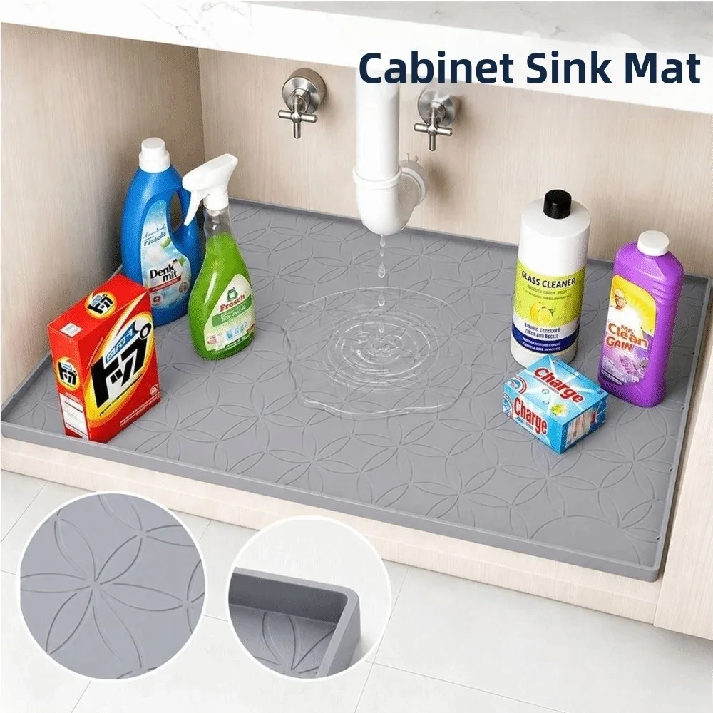 Waterproof Under Sink Mat Anti-Mold Raised Lip Silicone Cabinet Protector Flower Texture Easy Clean Sink Drain Pad Shelf Liner