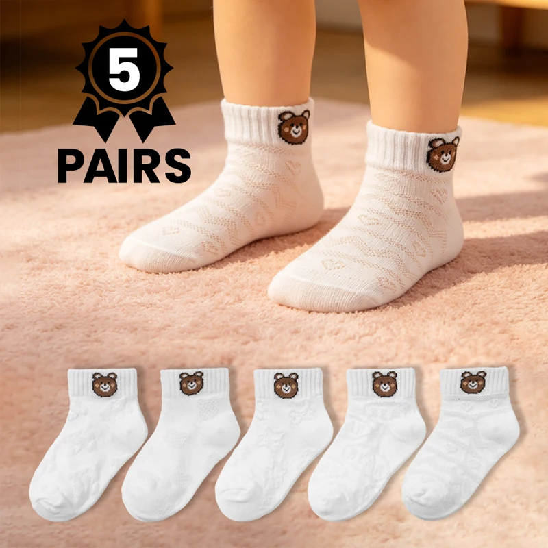 5 Pairs Summer Thin Mesh Bear Kids Socks Skin-Friendly Breathable Pure Boys & Girls Short Casual Socks Cute Student Fashion