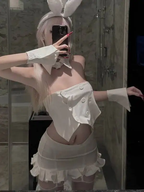 Sweet Sexy Pure Desire Style Skirt Set Pure Desire Bunny Girl Sleepwear Hollow Out Spicy Solid Color Skirt Sets Pure Desire 1VMP