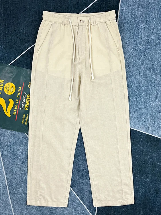 

High-End Cotton Linen Straight Leg Casual Pants Men's Summer Splicing Thin Loose Long Trousers Japanese Retro Color Ver...