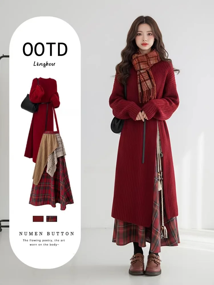 

Комплект из двух предметов: вязаный костюм больших размеров для женщин на осень-зиму, антивозрастной, винтажный, скрывающий фигуру, повседневный...